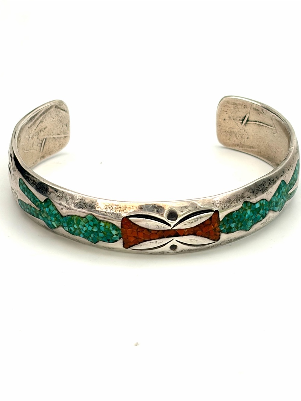 Signed Navajo Turquoise Coral Inlay Sterling Silver Cuff Bracelet- Gibson Gene